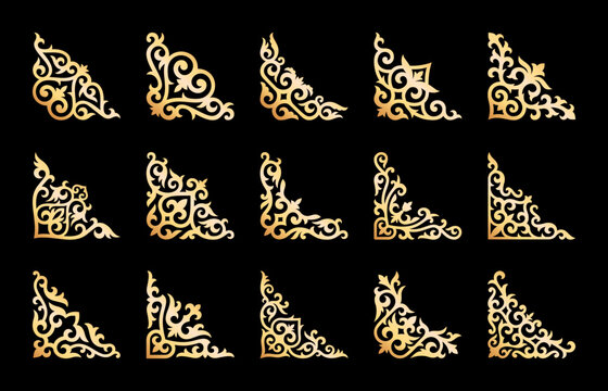 Vector Set of different gold ornaments in Kazakh style isolated on a black background. Oriental corner decor, floral designs. Elements of the national pattern of the ancient nomads
