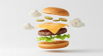 Floating Burger Layers – Cheeseburger with Ingredients Suspended in Air