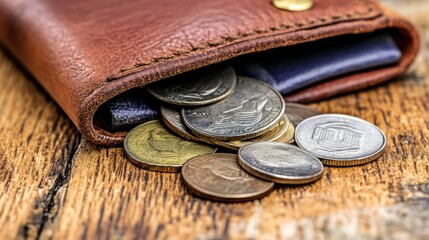 Brown leather wallet overflowing with coins.
