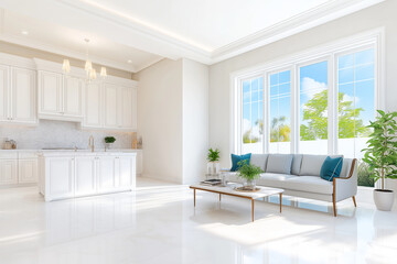 Fototapeta premium Modern living room and kitchen interior design with bright natural light, elegant furniture, and greenery. serene space that combines comfort and