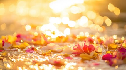 Thai Songkran festival, close-up of vibrant water splashes with floral petals, golden sunlight 