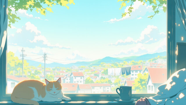 anime wallpaper illustration background, Cozy Morning with a Sleeping Cat by a Sunlit Window Overlooking a Scenic Town..