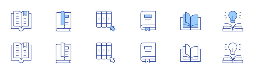 Book icon set in two styles, Duotone and Thin Line style. Editable stroke. book, books, open book, literature