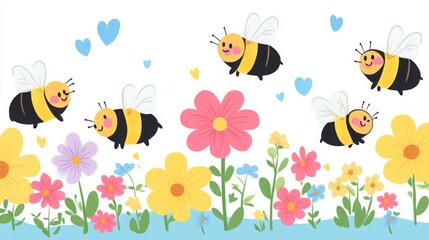 Obraz premium Cute bumblebees buzzing around colorful flowers.