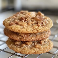 A tantalizing trio of golden-brown chocolate chip cookies rests atop a wire rack. Lightly dusted flour whispers over them as they stack artfully&mdash;each crumb a promise of sweet indulgence