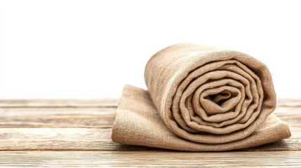 Rolled Light Brown Towel on Rustic Wooden Surface