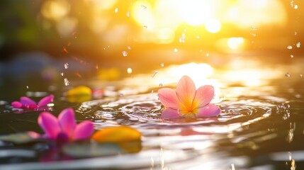 Thai Songkran festival, close-up of vibrant water splashes with floral petals, golden sunlight 