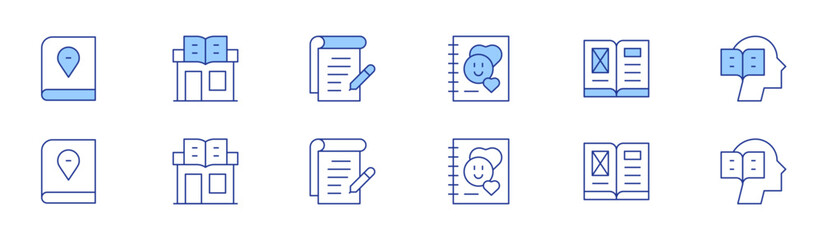 Book icon set in two styles, Duotone and Thin Line style. Editable stroke. phone book, guide book, book, read, conspectus