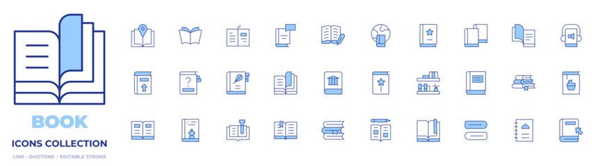 Book icons collection. Line Duotone style, editable stroke. book, magic book, audio book, design book, recipe book, world book day, open book, books, menu