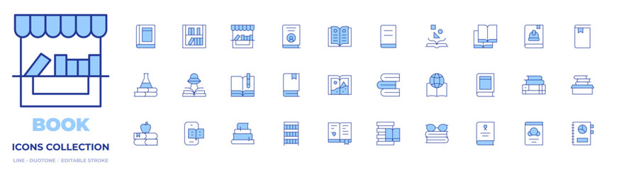 Book icons collection. Line Duotone style, editable stroke. books, book, book shelf, sketch book, open book, read, book fair, apple, literature, reading