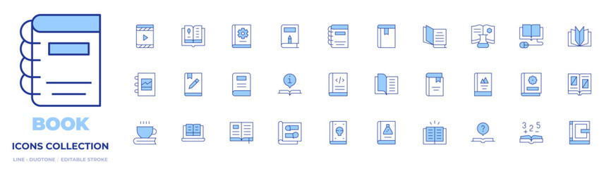 Book icons collection. Line Duotone style, editable stroke. comic book, book, open book, digital book, spell book, manual book, science book, online book