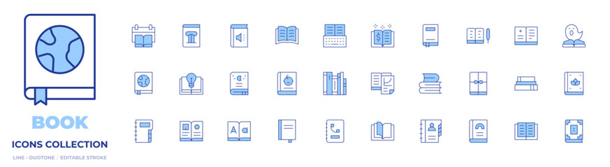 Book icons collection. Line Duotone style, editable stroke. books, world book day, book, comic book, contact book, audio book, medicine book, open book