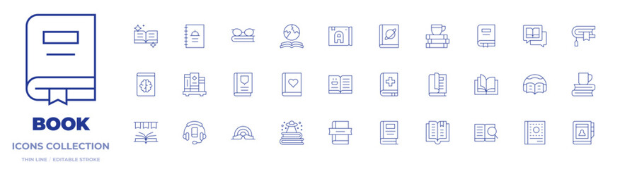 Book icons collection. Thin Line icons, editable stroke. book, audio book, world book day, cook book, medical book, contact book, science book, books