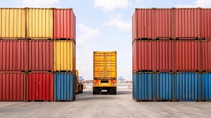 Fototapeta premium Yellow Truck Between Stacks of Colorful Shipping Containers at Sunny Port