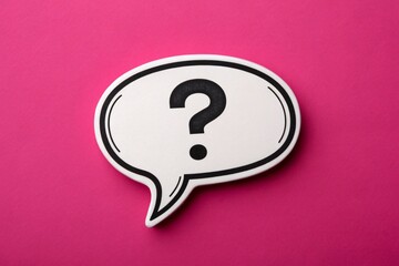 Question mark inside speech bubble on vibrant pink background, symbolizing curiosity, FAQ, and communication