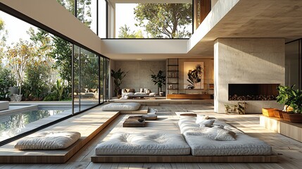 Fototapeta premium Modern Minimalist Living Room with Large Windows, Natural Light and Cozy Seating by Swimming Pool