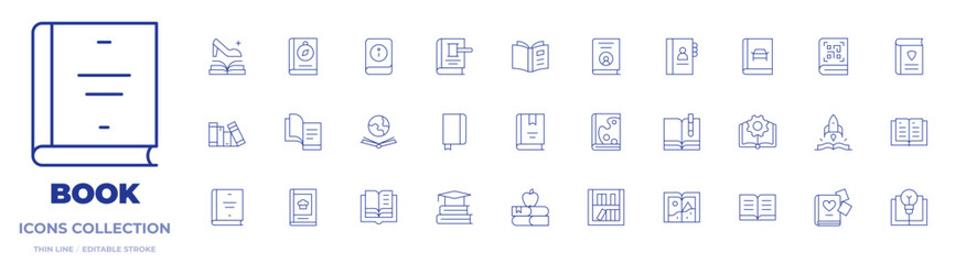 Book icons collection. Thin Line icons, editable stroke. guide book, book, recipe book, open book, book shelf, sketch book, world book day, diary, apple