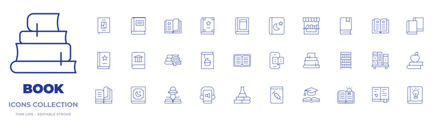 Book icons collection. Thin Line icons, editable stroke. magic book, books, audio book, recipe book, book, art book, book shelf, open book, history book