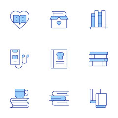 Book icons set. Line Duotone style, editable stroke. audio book, book, cook book, book shelf, books