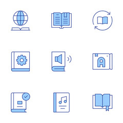Book icons set. Line Duotone style, editable stroke. book, audio book, music book, knowledge