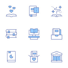 Book icons set. Line Duotone style, editable stroke. book, baby book, open book, guide, publisher, books