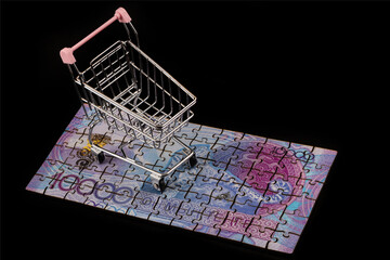 A 10,000 Kazakhstani tenge banknote made from puzzles and an empty supermarket shopping cart