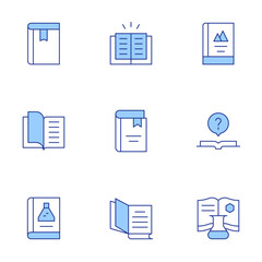 Book icons set. Line Duotone style, editable stroke. book, science book, reading book, question