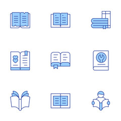 Book icons set. Line Duotone style, editable stroke. book, open book, reading book, books, reader, guide book