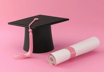 3D Graduation Cap and Diploma on pink background.3d Illustration.