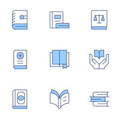 Book icons set. Line Duotone style, editable stroke. book, spell book, medicine book, law book