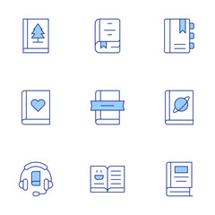 Book icons set. Line Duotone style, editable stroke. book, world book day, audio book, science book