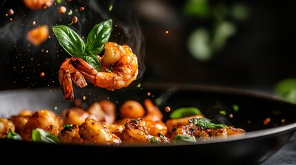 This dynamic photo captures shrimp being tossed in the air during cooking, enhanced with fresh herbs, delivering a sense of action and the joy of creating engaging culinary experiences.