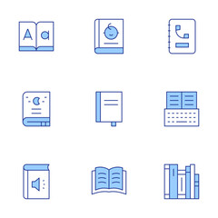 Book icons set. Line Duotone style, editable stroke. books, comic book, book, audio book, address book, phone book, alphabet
