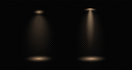 Bright spotlights with warm light and sparkle. An isolated lighting effect for concerts, stage sets, circuses, theatres, parties and shows. An abstract, festive design element. PNG
