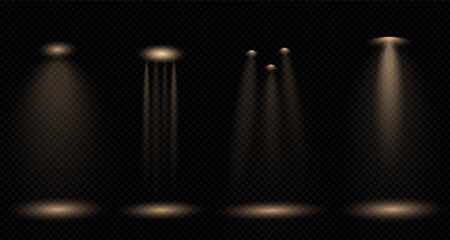 Bright spotlights with warm light and sparkle. An isolated lighting effect for concerts, stage sets, circuses, theatres, parties and shows. An abstract, festive design element. PNG