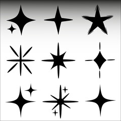 sparkle star icon, star sparkle vectors, shining sparkle icon, blink twinkle, sunburst star shapes collection. Abstract magic light flare, vector stars icon templates pack isolated on white background