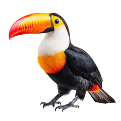 Fototapeta premium A colorful toucan with a large, vibrant beak and distinctive plumage, showcasing its striking features and stance. isolated on white background.
