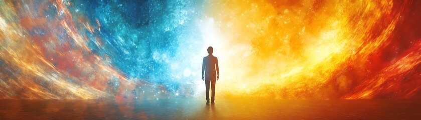 Fototapeta premium A breathtaking digital artwork of a person standing in triumph, their success casting a luminous effect on the world, powerful, symbolic, detailed, and vibrant colors