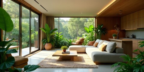 Fototapeta premium Modern minimalist living space with expansive windows showcasing lush greenery, sunlight illuminating a comfortable sectional sofa and a plush rug, creating a serene and tranquil atmosphere.