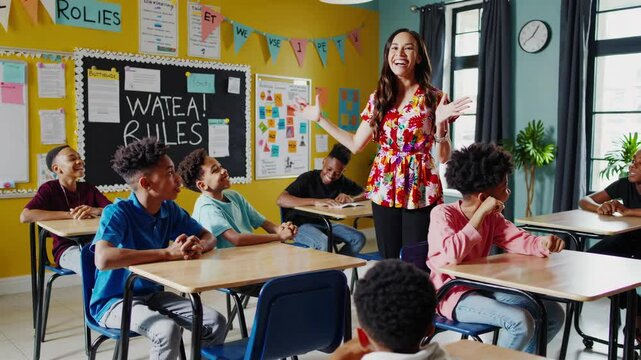 Engaging teacher leads fun class activity with smiling students in lively classroom setting
