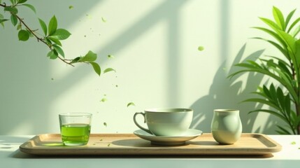 Serene Still Life Featuring a Teacup, Glass of Herbal Infusion, and Small Ceramic Vessel on a Wooden Tray, Illuminated by Sunlight Streaming Through a Window