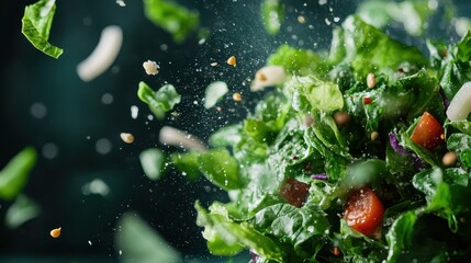 Capture the energy of a mix of salad ingredients shooting through the air, embodying freshness, vitality, and the culinary art of healthy cooking.