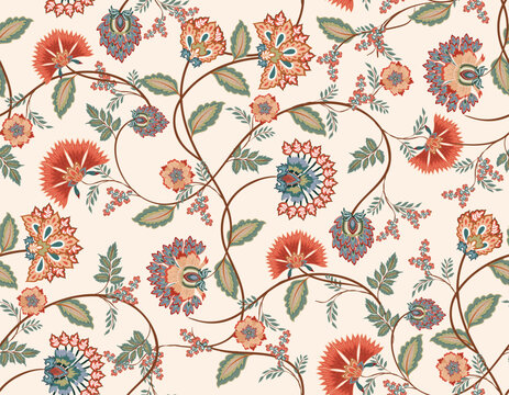 TTrendy stylish Hand drawn  floral pattern with paisley and indian flower motifs pattern