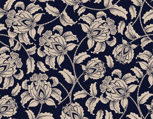 Monotone stylish  Hand drawn floral pattern with paisley and indian flower - obrazy, fototapety, plakaty