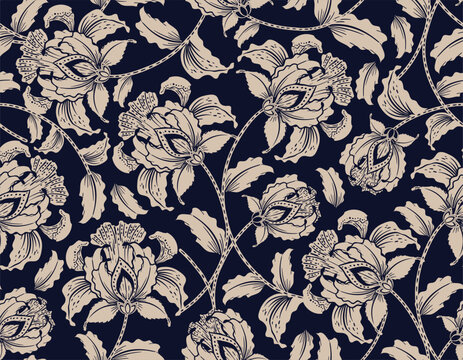Monotone stylish  Hand drawn floral pattern with paisley and indian flower