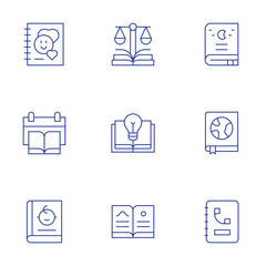Book icons set. Thin Line style, editable stroke. phone book, world book day, comic book, law book, book, ecology book