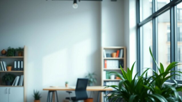 A zoom background photo of a minimalist modern office with a bookshelf and plants