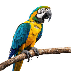 Obraz premium A vibrant macaw perched on a branch, showcasing its striking blue, yellow, and green feathers against a black background. isolated on white background.