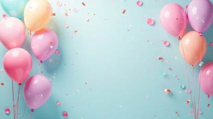 Pastel Balloons and Confetti Celebration Background Featuring a Delightful Array of Airy, Festive Decorations Perfect for a Joyful Occasion
