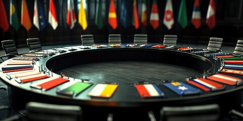 A group of diplomats gathered around a round conference table discussing important international matters.